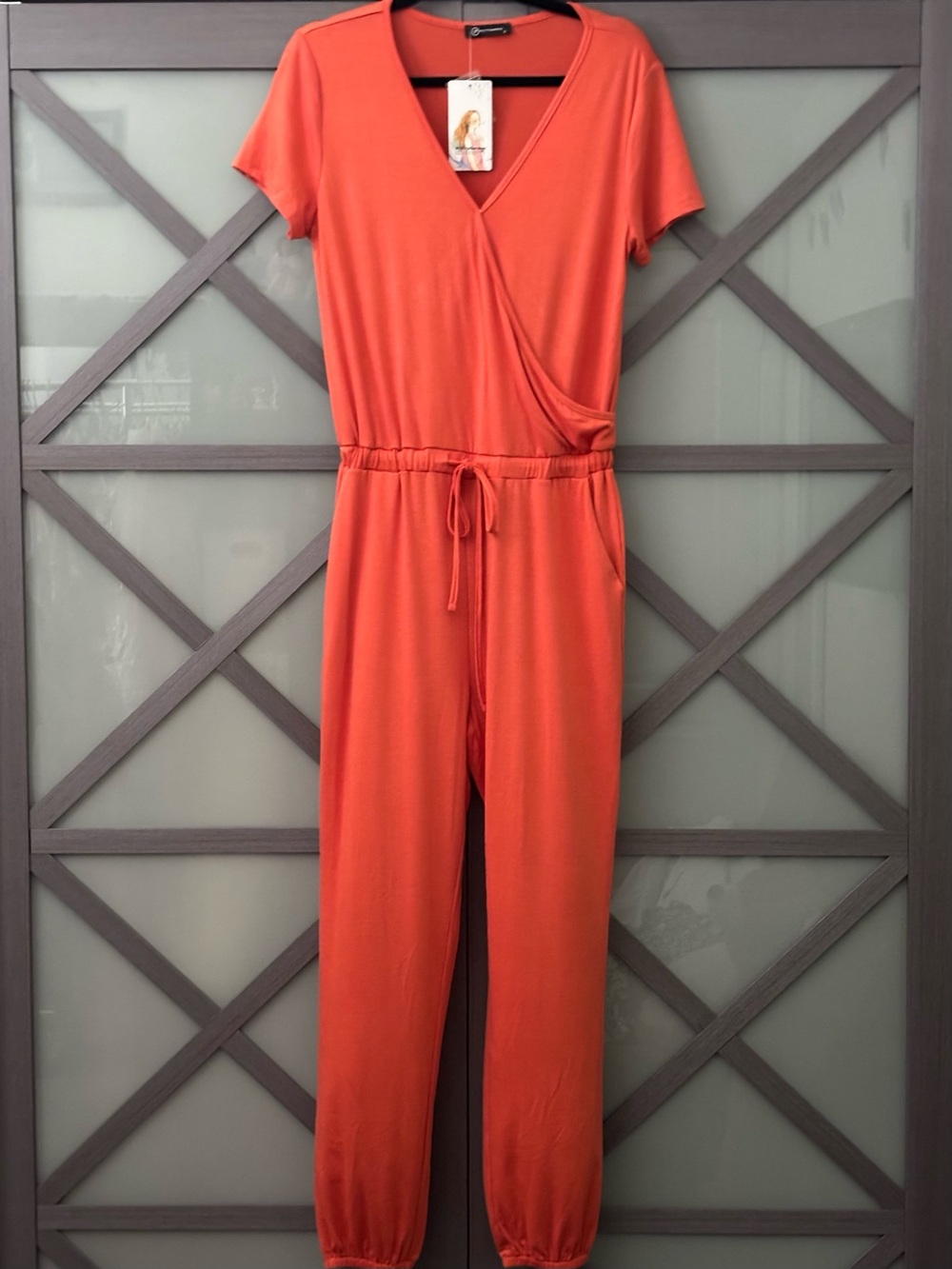 NEW Pretty Garden Short Sleeve Wrap Jumpsuit in Coral with Drawstring Waist